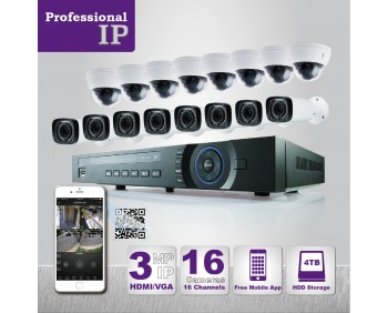 PROFESSIONAL GRADE VISTA  IP SYSTEM INCLUDES 16 HD IP 3MP CAMERA  WITH MOTORIZED LENS NIGHT VISION RANGE 100ft', HD-NVR WITH 4TB HARD DRIVE WITH POE & 16 CABLES